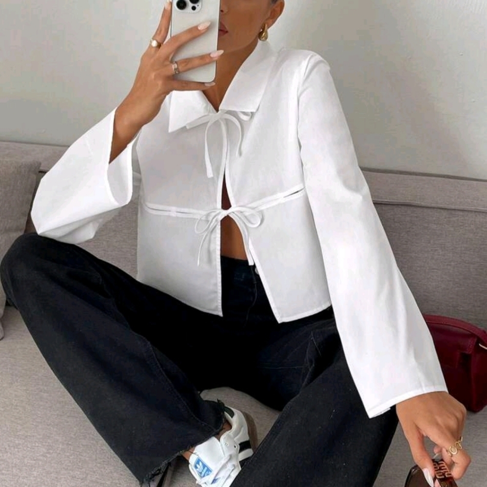 Women's Solid Color Collared Tie Front Elegant Office Wear Long Sleeve Blouse